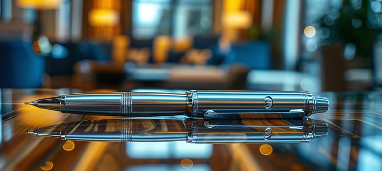 A metal pen rests on a sleek glass table in the bustling city. The table is a perfect spot for a musical instrument accessory at a music event