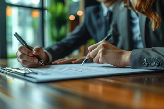 A man and a woman are seated at a wooden table, using a personal computer to sign a document. Their hands make gestures with pens on office supplies