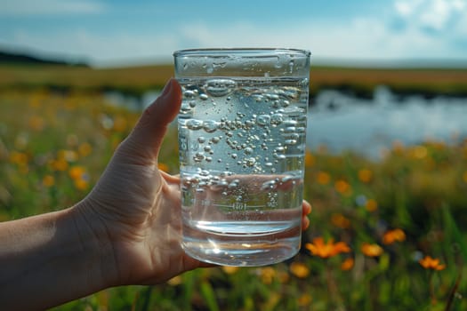 A person is holding a glass of liquid in front of a field of flowers, with the sky above and grass below. The water is a refreshing drinkware in this natural landscape