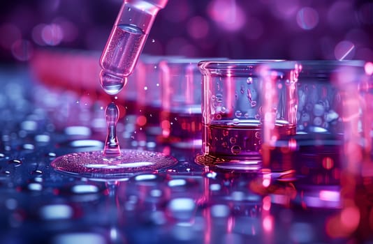 A purple pipette is transferring pink fluid into a beaker, serving as drinkware for the experiment