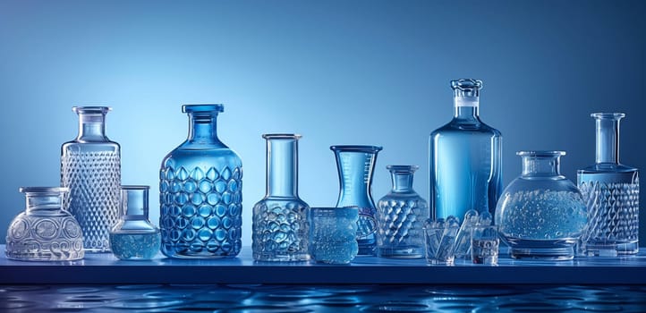 A row of blue glass bottles, filled with liquid, are neatly lined up on a shelf as drinkware. The bottles can be used for water or other beverages