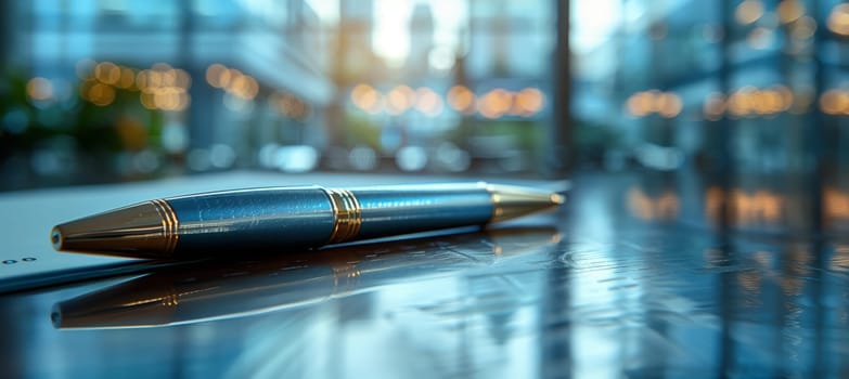 A Electric blue pen is resting on a wood table by the window. The Office equipment is illuminated by Automotive lighting reflecting off the Asphalt outside