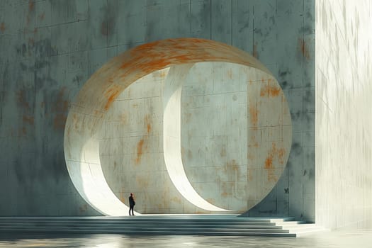 A man is standing in front of a large circle made of glass and metal in a room filled with automotive lighting. The room also contains art painted on wood and rectangles tinted in various shades