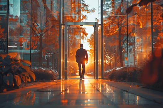 A man is walking through a glass door of a building at sunset, the orange sunlight creating tints and shades on the wood flooring