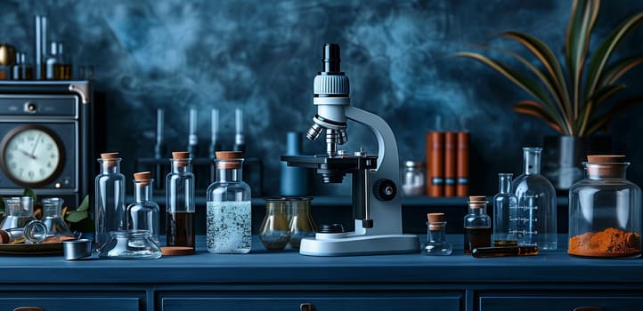 a microscope is sitting on top of a table surrounded by bottles and a clock . High quality