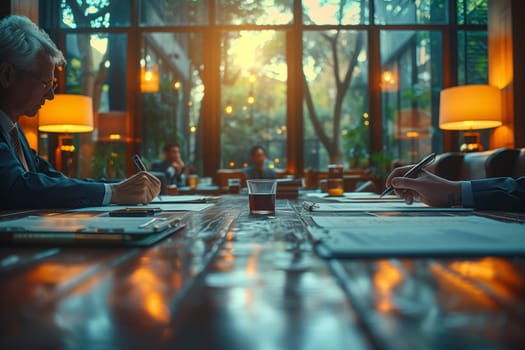 A group of people are enjoying art and fun at a table by a large window in the city. The room fills with darkness as they leisurely chat and admire the view through the glass