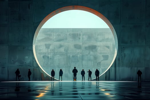 A group of people is admiring a large circular window made of transparent composite material, showcasing a water world with perfect symmetry