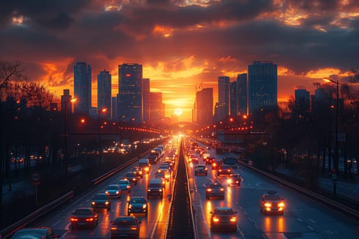 A bustling highway with a city skyline in the background during sunset. Tower blocks and skyscrapers silhouette against the colorful dusk sky, creating a stunning urban landscape