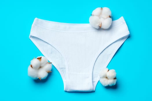 Cotton flowers and women's panties on color paper background close up