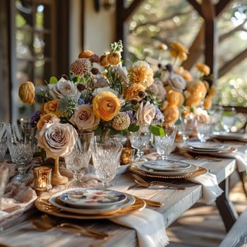 The table is elegantly set for a wedding reception with beautiful flowers arranged in vases, plates and utensils neatly placed, and sparkling stemware for drinks