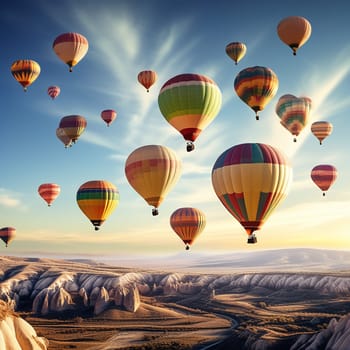 Assorted colorful hot air balloons flying high altitude travel adventure