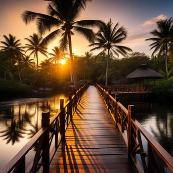 Sunset Serenity: Bamboo Bridge Among Tropical Palms