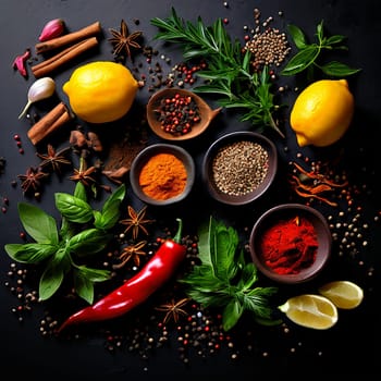 Culinary Delight: Colorful Herbs and Spices on Dark Background