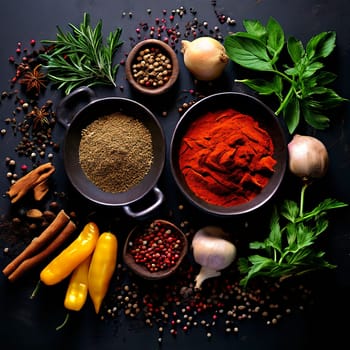 Vibrant Culinary Palette: Colorful Herbs and Spices on Dark Background