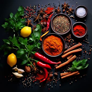 Palette of Taste: Various Herbs and Spices on Dark Background