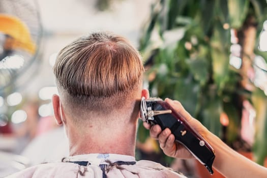 Neat young Vietnamese hairdresser makes haircut to male. Back view. Professional skills.