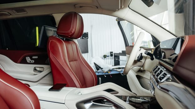 Interior view of new luxury car with steering wheel for background