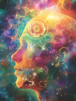 A vibrant painting portraying a womans face with a flower adorning her head, showcasing symmetry and patterns in fractal art style