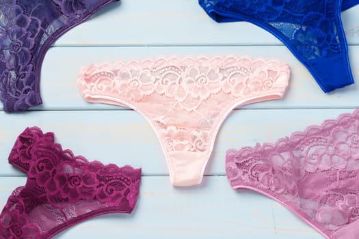 Women's panties set collection for background, top view flat lay