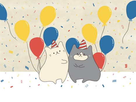 colorful fun cat balloons party illustration birthday greeting card