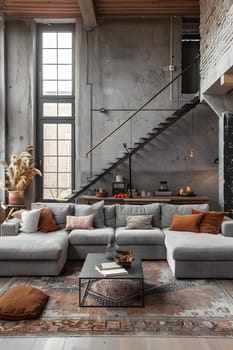 A cozy living room with a wooden couch, coffee table, and staircase. The interior design features brick flooring and a large window