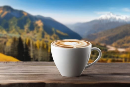 A steaming cup of coffee against the backdrop of autumn mountains. Wooden table and cup of coffee in the mountains in autumn. Autumn season, free time, coffee break, September, October, November concept