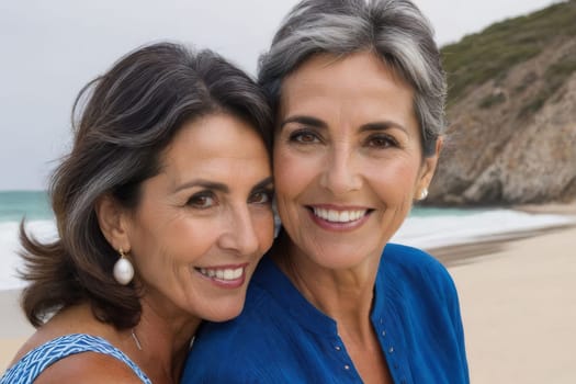 Portrait of two elderly women friends of Spanish appearance on the seashore