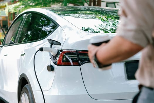 Young man recharge electric car's battery from charging station in outdoor green city park in springtime. Rechargeable EV car for sustainable environmental friendly urban travel lifestyle. Expedient