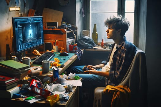 tired teenager playing a computer game in a dirty cluttered room.