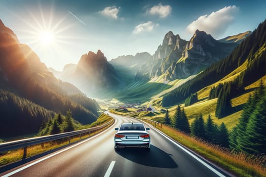 car driving along a mountain road in the sunlight.