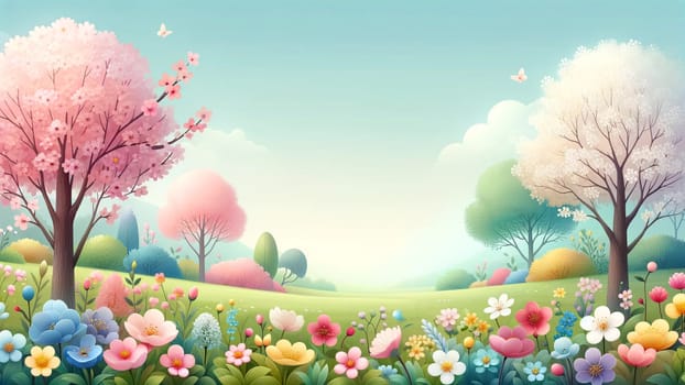 spring landscape with blooming trees and bright flowers, pastel spring background.