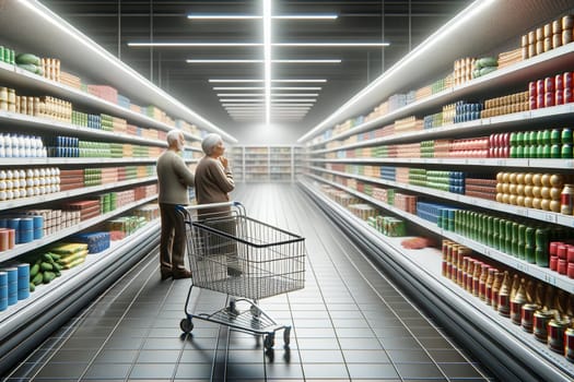 elderly couple with an empty shopping cart choosing groceries in the supermarket.