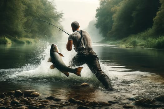 fisherman catching a large fish in a river at sunrise.