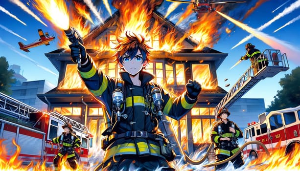 anime style illustration of firefighters battling a house fire.