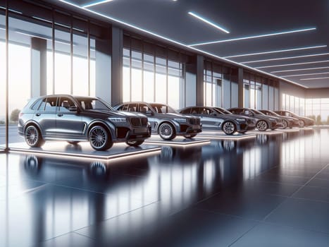 interior of a modern car showroom, new cars for sale.