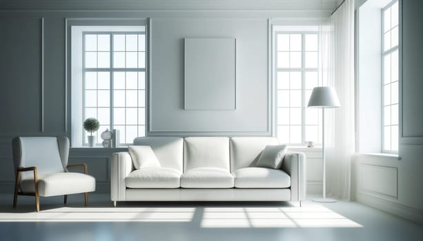 white sofa and white armchair in a classic white living room interior.