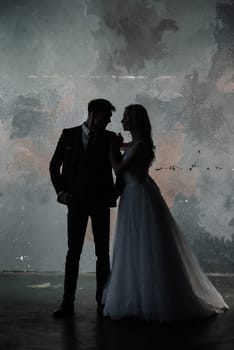 Art fashion studio photo of wedding couple silhouette groom and bride on colors background.