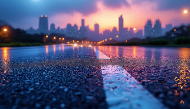 The perspective of the road against the background of sunset and the cityscape. High quality photo