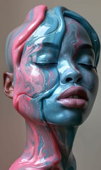 A fictional character statue with magenta and blue paint on her face. She wears a headgear and a hat, showcasing intricate art details on chin, mouth, and jaw in a closeup shot at an event
