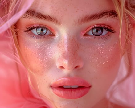 A close up of a womans face with pink makeup and freckles highlighting her forehead, nose, cheek, lip, eyebrow, eyelash, mouth, jaw, and iris, capturing a subtle gesture