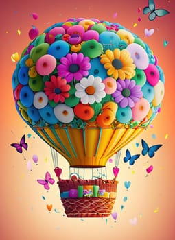 Colorful hot air balloon with flowers and butterflies. 3D illustration. Generative AI.