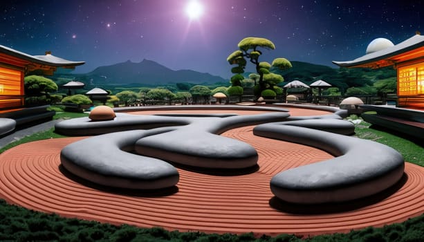 Korean garden at night - 3D render of a Japanese garden. AI Generated.