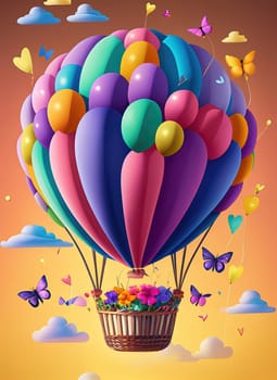 Hot air balloon with basket full of colorful candies and butterflies. 3D illustration. Generative AI.