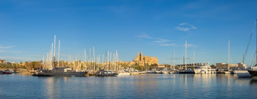 The historic Mallorca Cathedral stands tall behind the serene Palma Bay filled with elegant yachts