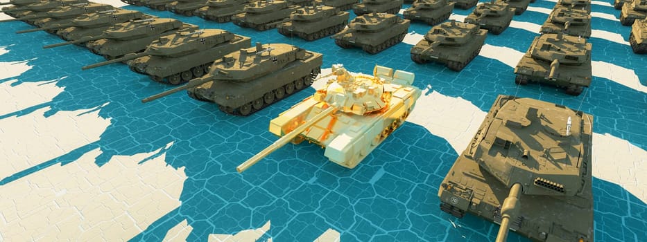 An array of tanks strategically positioned on a chessboard-like terrain, with a standout golden leader at the forefront