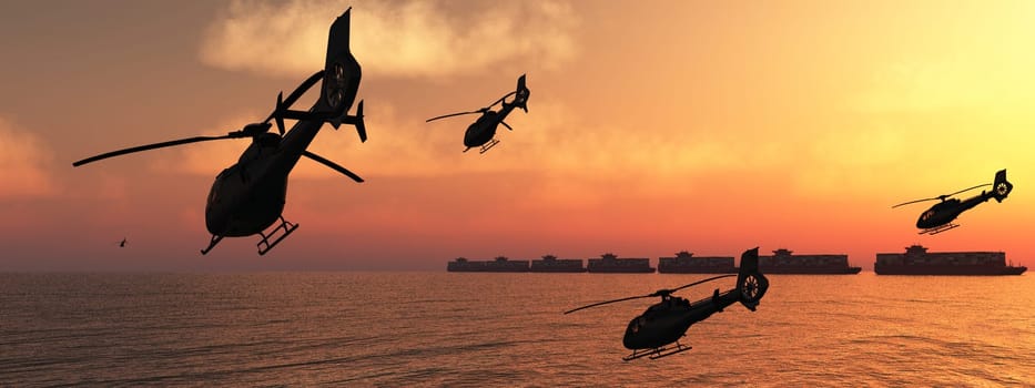A fleet of helicopters flies in formation near cargo ships, set against the warm glow of a setting sun