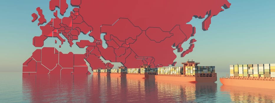 A conceptual 3D map hovers over a cargo ship at sea, symbolizing global trade and shipping routes