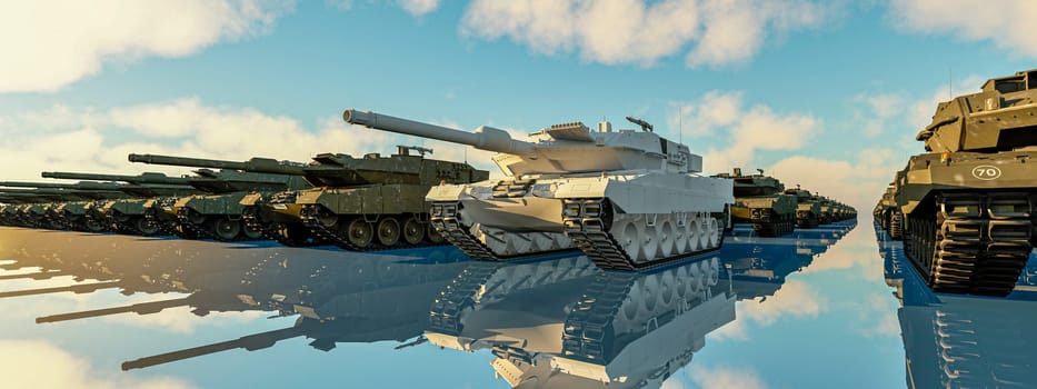 A crisp display of tank engineering mastery, each vehicle casting a flawless reflection under a clear blue sky