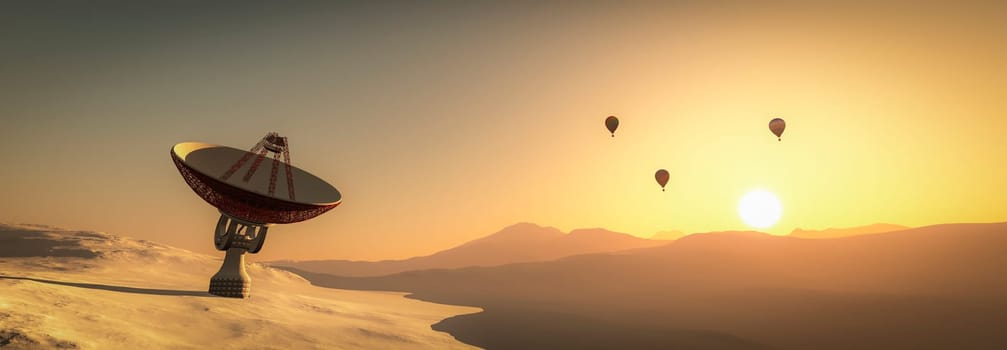 A serene desert dusk, where technology meets tranquility as balloons float by a lone dish