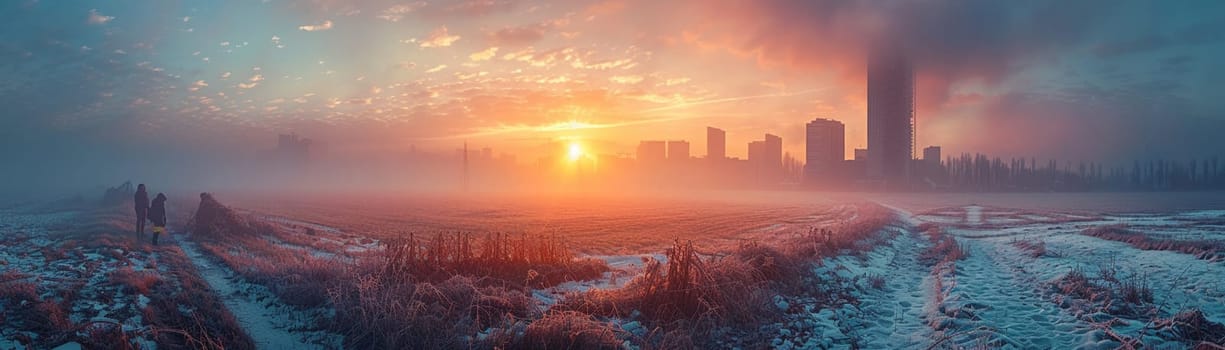 Farmers Tending to Crops in a Fertile Field with Soft Sunrise The gentle blur of workers and land suggests the timeless rhythm of agriculture. Urban Skyline Overlooking Bustling Financial District.